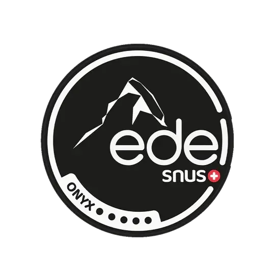 Logo Edel Snus Onyx com motivo de montanha em fundo preto, marca suíça de snus