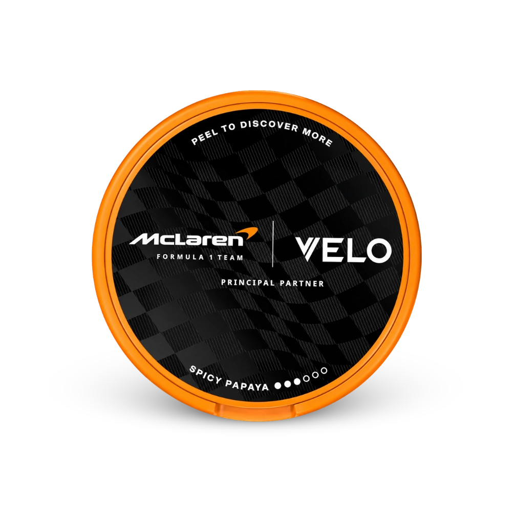 VELO McLaren Spicy Papaya Slim – lata de saquinhos de nicotina