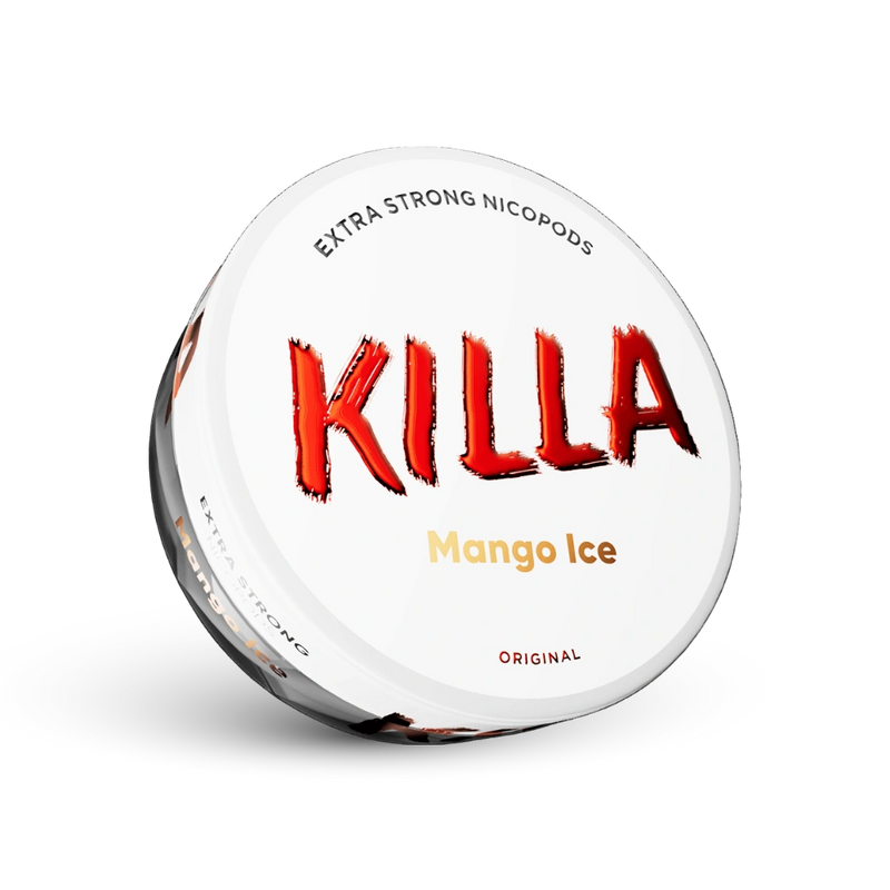 Killa Mango Ice Nicotine Pouches Extra Strong, 16 mg, Embalagem com design branco e logotipo vermelho