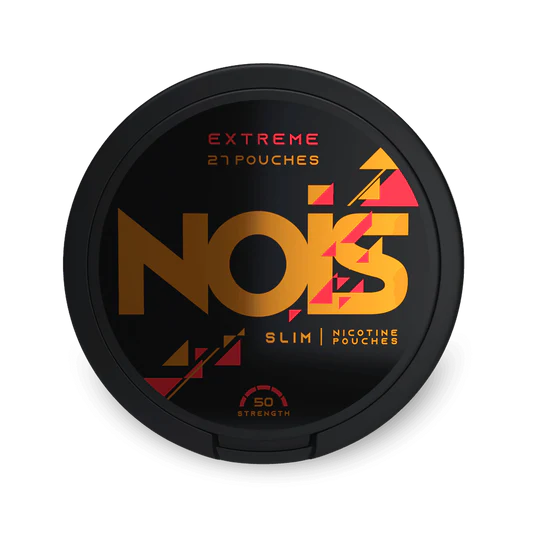 Nois Extreme Slim Nicotine Pouches, 27 Sachês, 50 mg de Força, Lata Preta com Logo Dourado