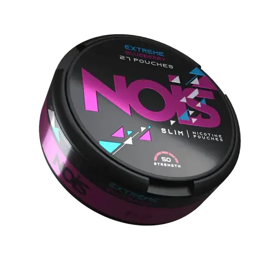 Nois Extreme Blueberry Slim Nicotine Pouches, 50mg Força, 27 Sachês em Lata Preta