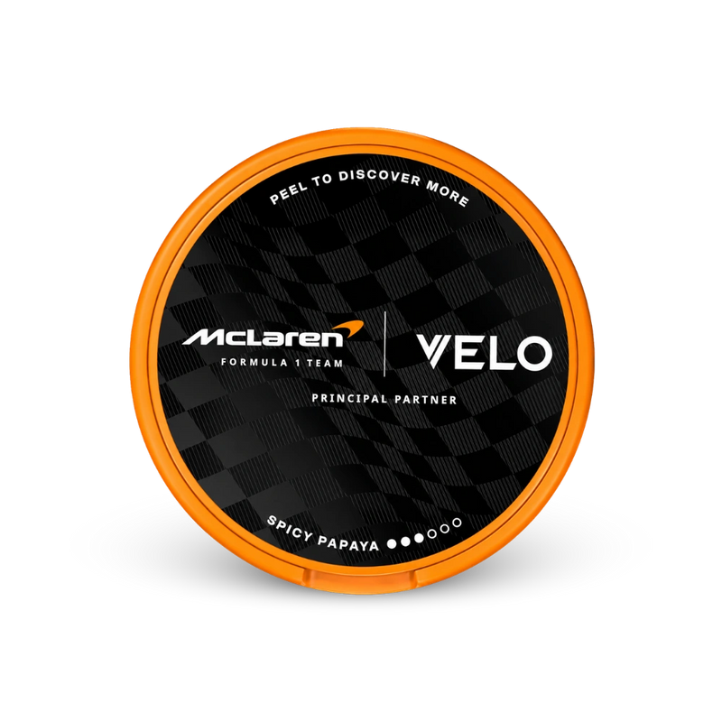VELO McLaren Spicy Papaya Slim – lata de saquinhos de nicotina