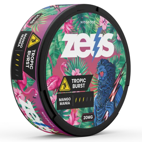Detalhe da Bolsa Zeus Tropic Burst Strong – Aroma de Frutas Tropicais, Forte, 20 Sachês/Lata