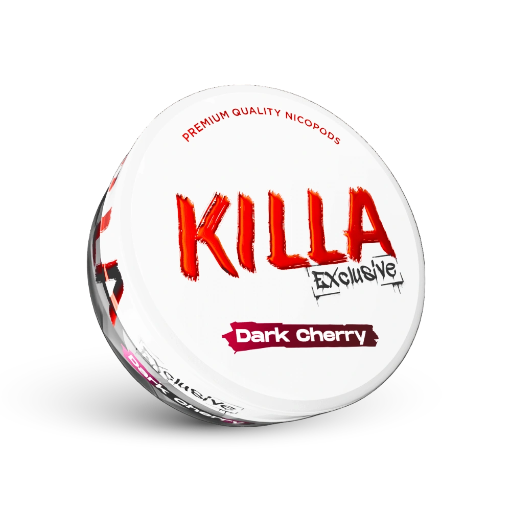 Killa Exclusive Dark Cherry Nicotine Pouches em lata branca com logotipo vermelho e marcação de sabor cereja escura