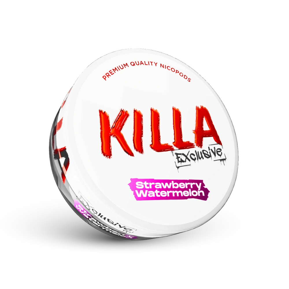 Killa Exclusive Nicotine Pouches Strawberry Watermelon embalagem branca com elementos vermelhos e rosa