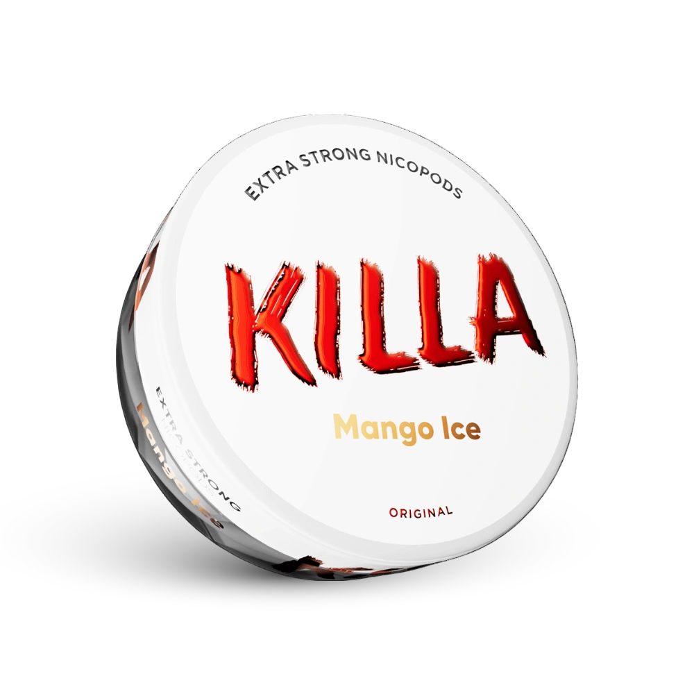 Killa Mango Ice Nicotine Pouches Extra Strong, 16 mg, Embalagem com design branco e logotipo vermelho