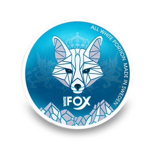 Sachês de nicotina White Fox All White Portion Slim em embalagem azul com logo de raposa